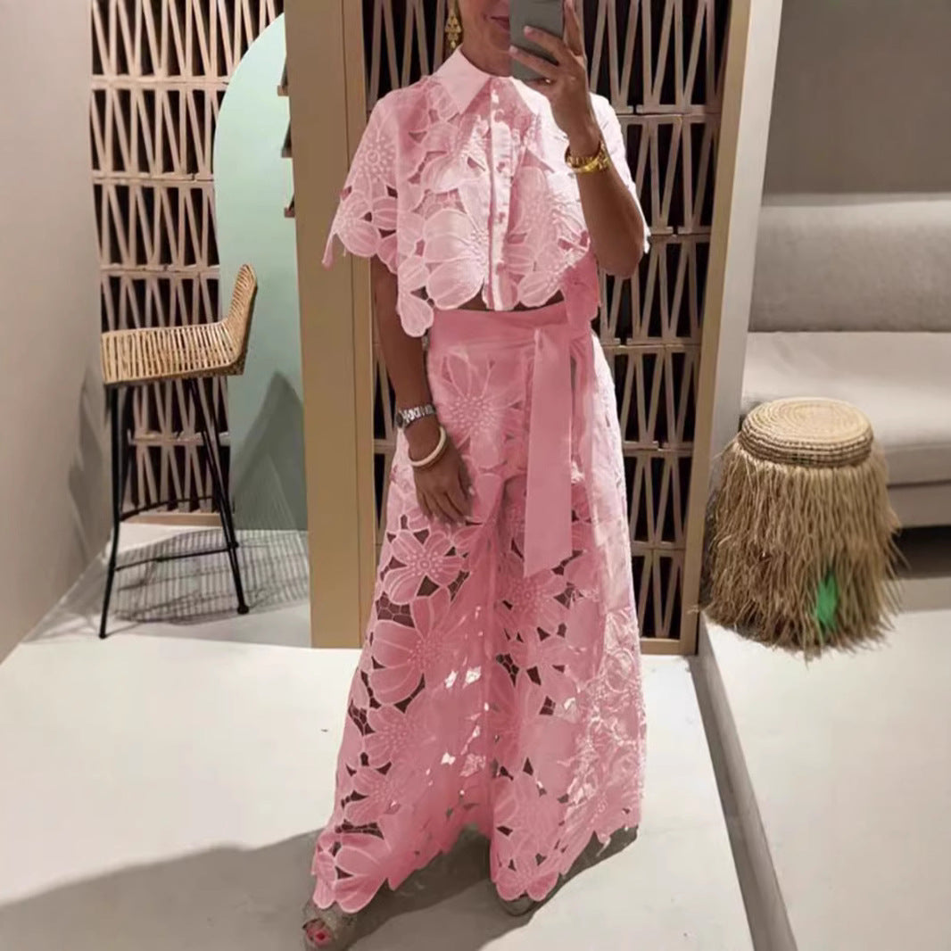 Damen nan zweiteiliges Spitzenensemble mit bauchfreier Bluse und weiter Palazzohose Drune