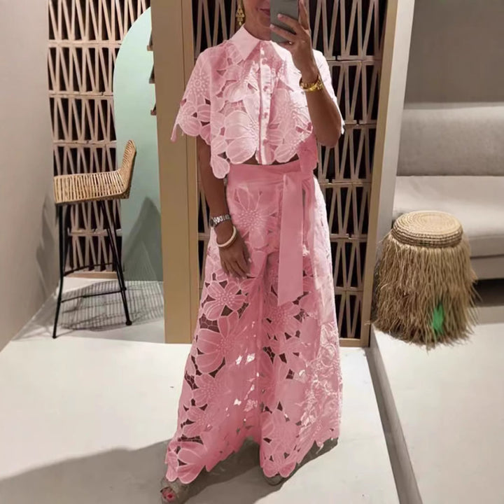 Damen nan zweiteiliges Spitzenensemble mit bauchfreier Bluse und weiter Palazzohose Drune