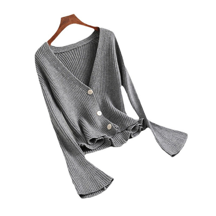 Damen gestrickte Jacke mit V-Ausschnitt und schwingendem Saum Drune
