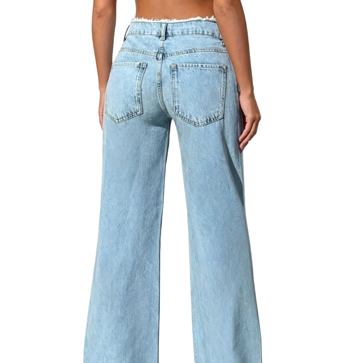 Damen High-Waist Schlagjeans mit rohem Bund und weitem Bein Drune