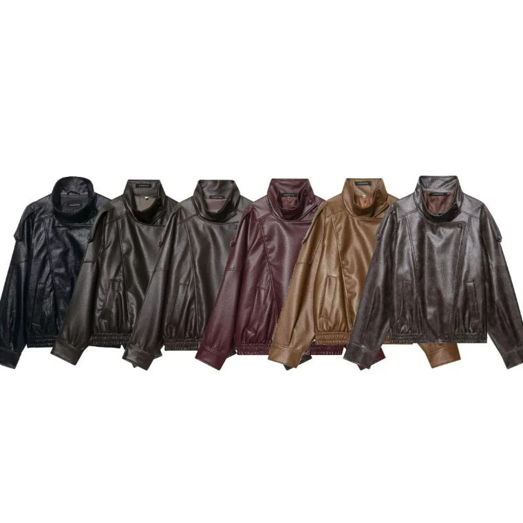 Damen Cropped Kunstleder‑Bomber mit asymmetrischer Druckknopfblende und Funnelkragen Drune