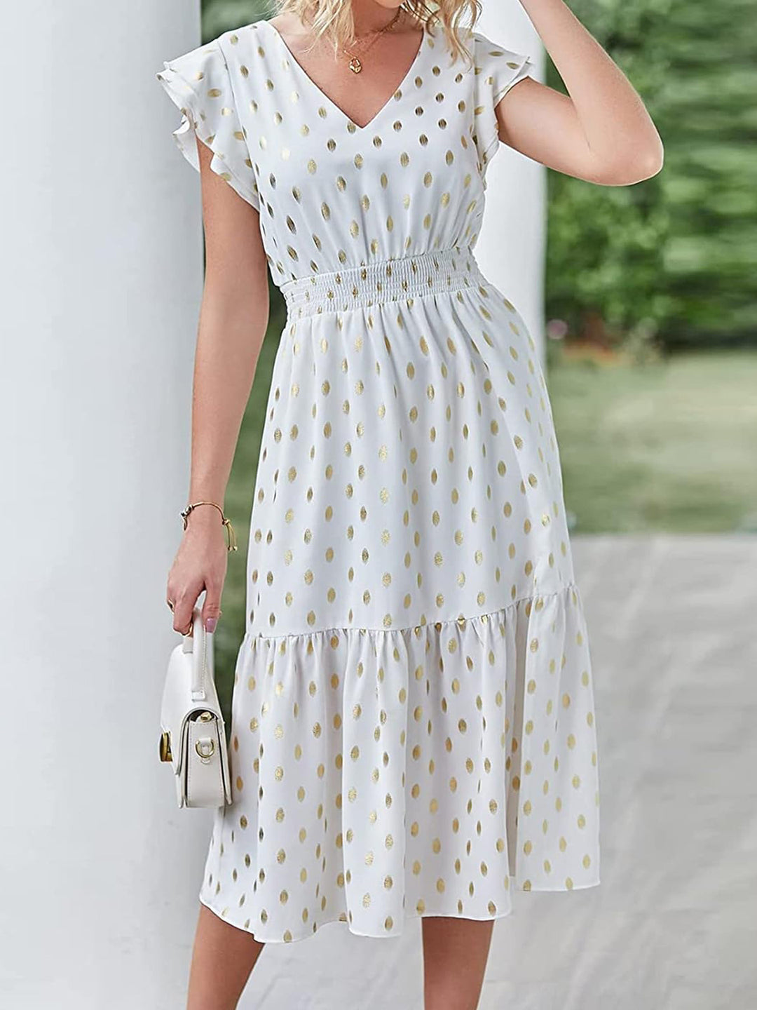 Damen Maxikleid mit Rüschendetails und schimmerndem Punktmuster Drune