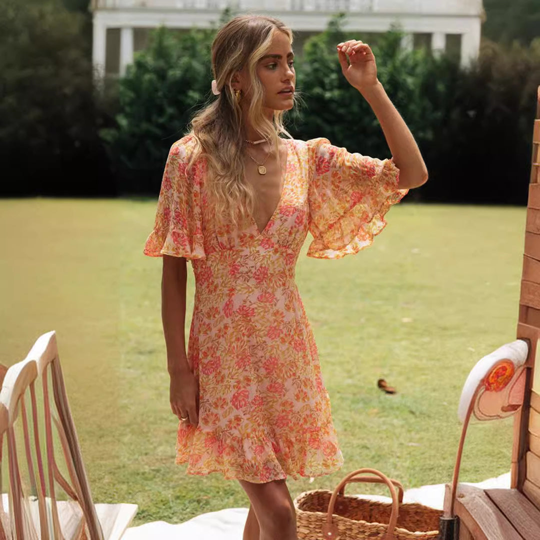 Damen Mini-Wickelkleid mit voluminösen Ärmeln und romantischem Rückenausschnitt Drune