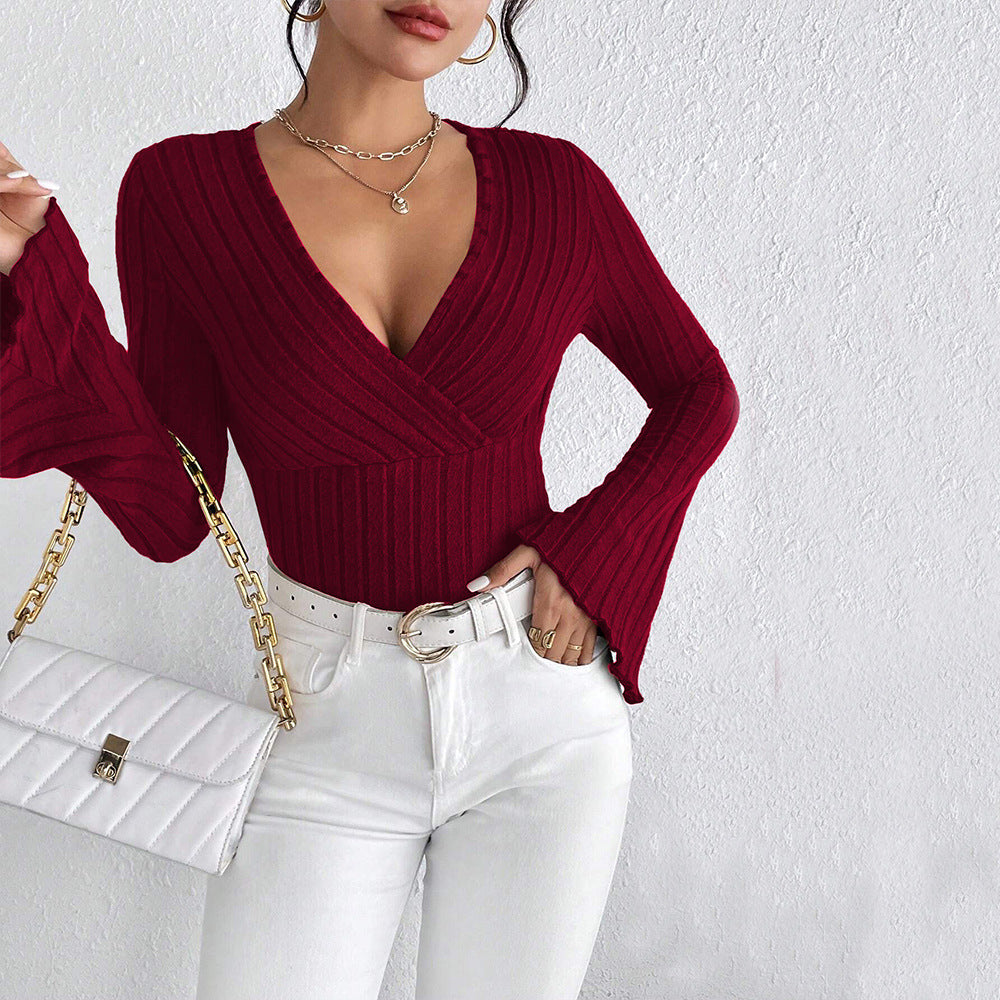 Damen gerippte Wickel-Strickbluse mit tiefem V-Ausschnitt und ausgestellten Glockenärmeln Drune
