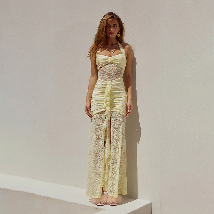 Damen Spitzen-Maxikleid mit raffiniertem Wickeldesign Drune