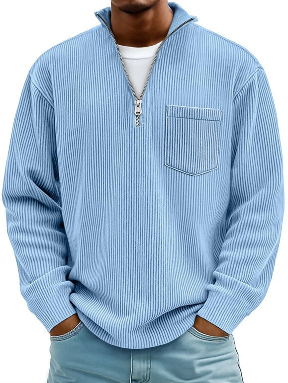 Herren Rippstrickpullover mit kurzem Reißverschluss und Brusttasche EB