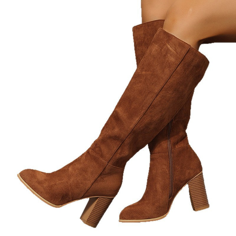 Damen Kniehohe Veloursoptik Stiefel mit skulpturellem Blockabsatz und seitlichem Reißverschluss Drune