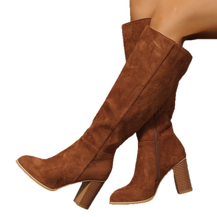Damen Kniehohe Veloursoptik Stiefel mit skulpturellem Blockabsatz und seitlichem Reißverschluss Drune