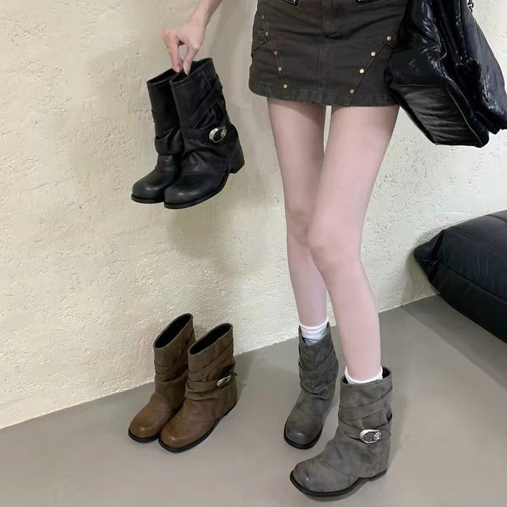 Damen Modische Stiefel mit Dekorativem Riemen Drune