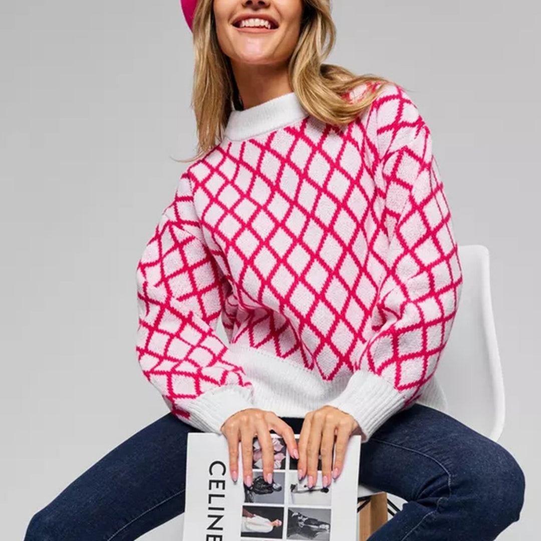 Damen gestrickter Pullover mit modernem Rautenmuster und innovativem Schnitt Drune