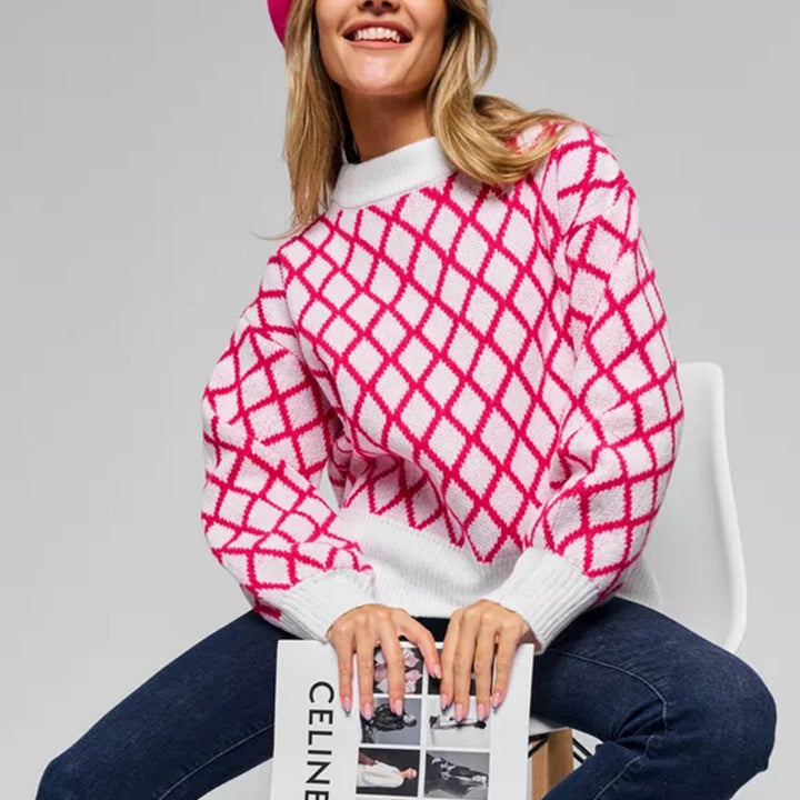 Damen gestrickter Pullover mit modernem Rautenmuster und innovativem Schnitt Drune