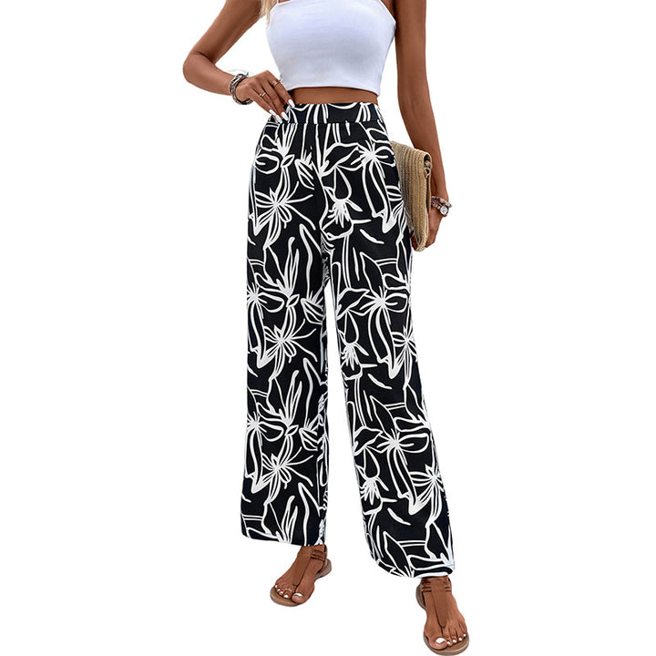 Damen Weite Leinenoptik-Hose mit hohem Bund und floralem Print Drune