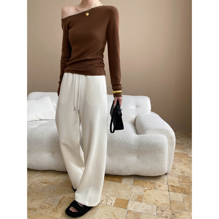 Damen eleganter Off-Shoulder Pullover und weite Hose Set Drune