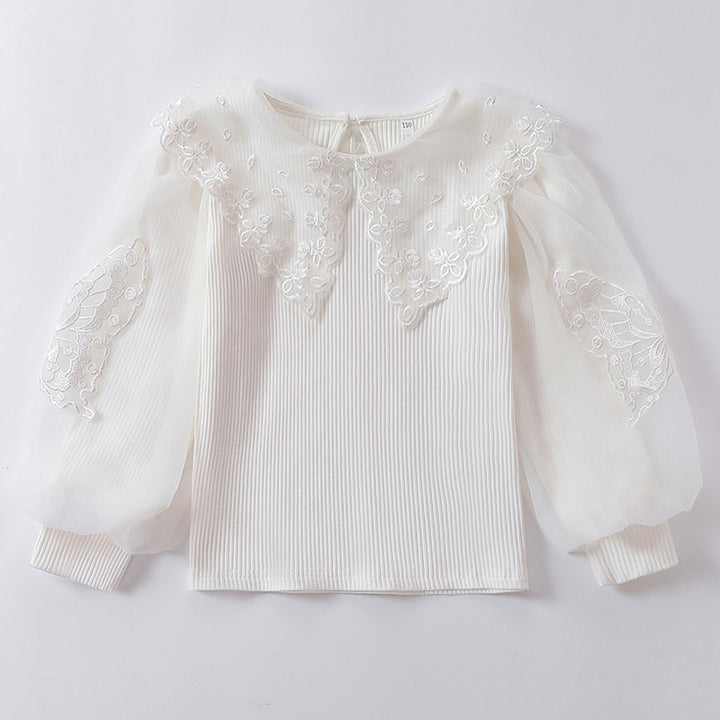 Mädchen Bluse mit luftigen Tüllärmeln und zarter Blumenbestickung Drune