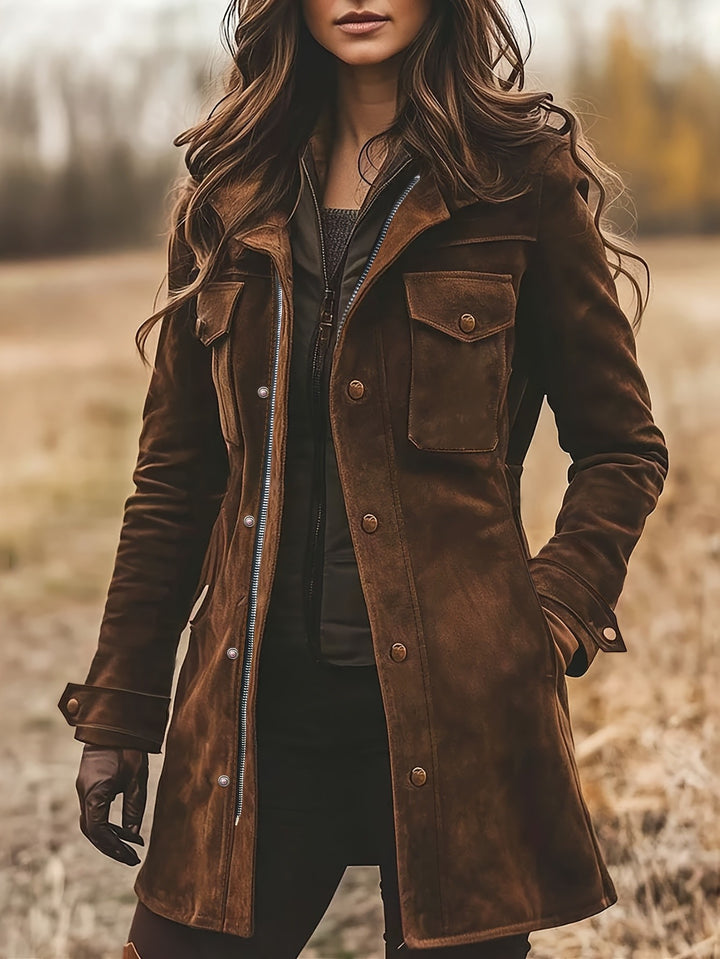 Damen Lange Wildleder-Safari-Jacke mit Pattentaschen und taillierter Silhouette Drune