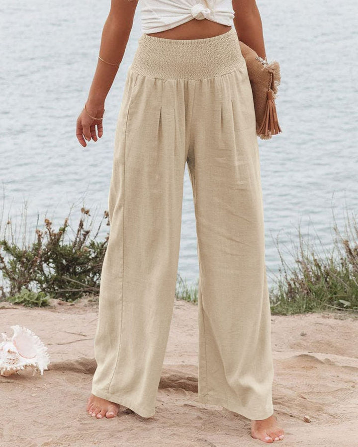 Damen Weite Leinenhose mit elastischem Bund und Falten Drune
