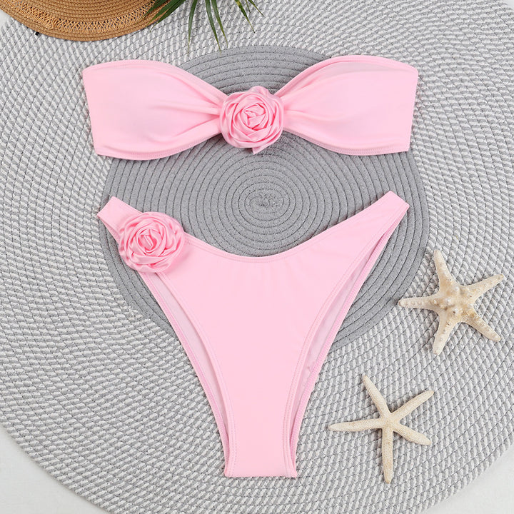 Damen Bandeau-Bikini mit dekorativen Blumenakzenten Drune