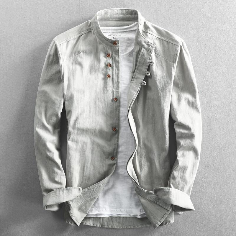 Herren Leichtes Leinen‑Overshirt mit Stehkragen und dekorativer Knopfleiste Drune