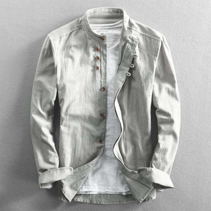 Herren Leichtes Leinen‑Overshirt mit Stehkragen und dekorativer Knopfleiste Drune