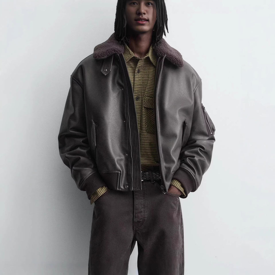 Herren Boxy-Lederblouson mit Sherpa-Kragen und Ärmeltasche Drune