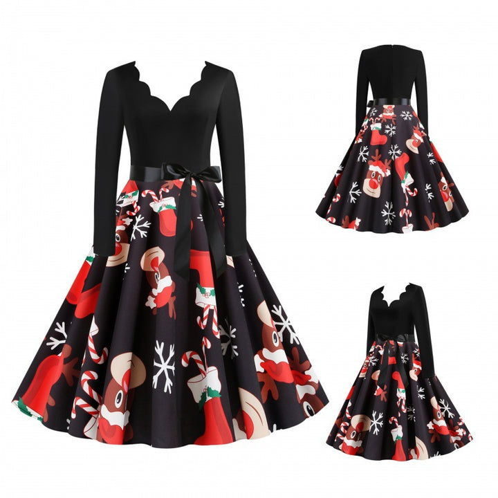 Damen Vintage-Festkleid im 50er-Jahre Stil mit gewelltem Halsausschnitt, figurbetontem Oberteil und voluminösem Tellerrock Drune