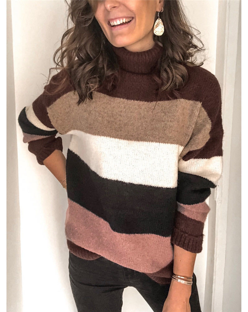 Damen Oversize Rollkragenpullover mit breiten Blockstreifen und weichem Strick Drune