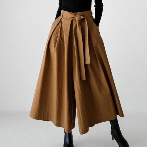 Damen Weite Culotte‑Hosenrock mit Kellerfalten und Bindegürtel Drune