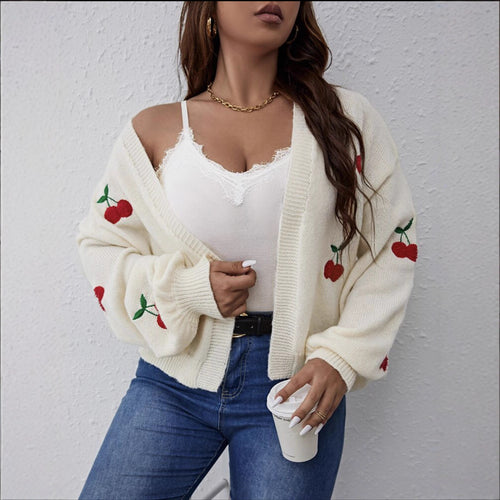 Damen Kurzgeschnittener Oversize-Cardigan mit Kirsch-Stickerei Drune