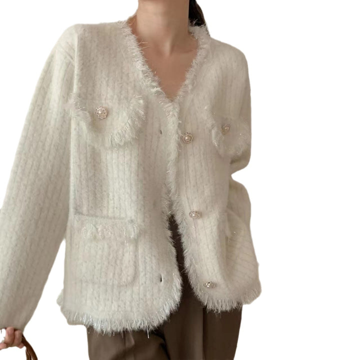 Damen Strickjacke mit dekorativen Perlen und fransigen Details Drune