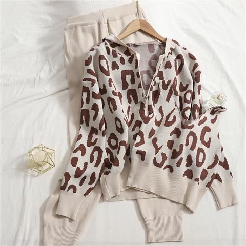 Damen gemütliches Strick-Loungewear-Set mit Leopardenmuster Drune