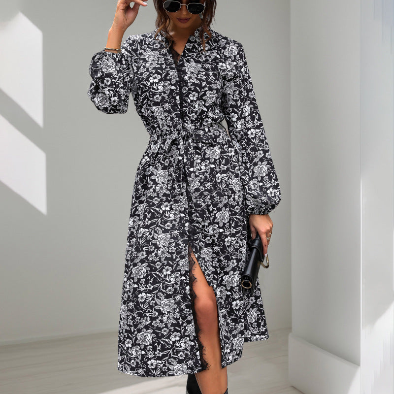 Damen Midikleid mit Spitzenbesatz am Ausschnitt, verdeckter Knopfleiste, Taillenbindegürtel & floralem Allover-Print Drune