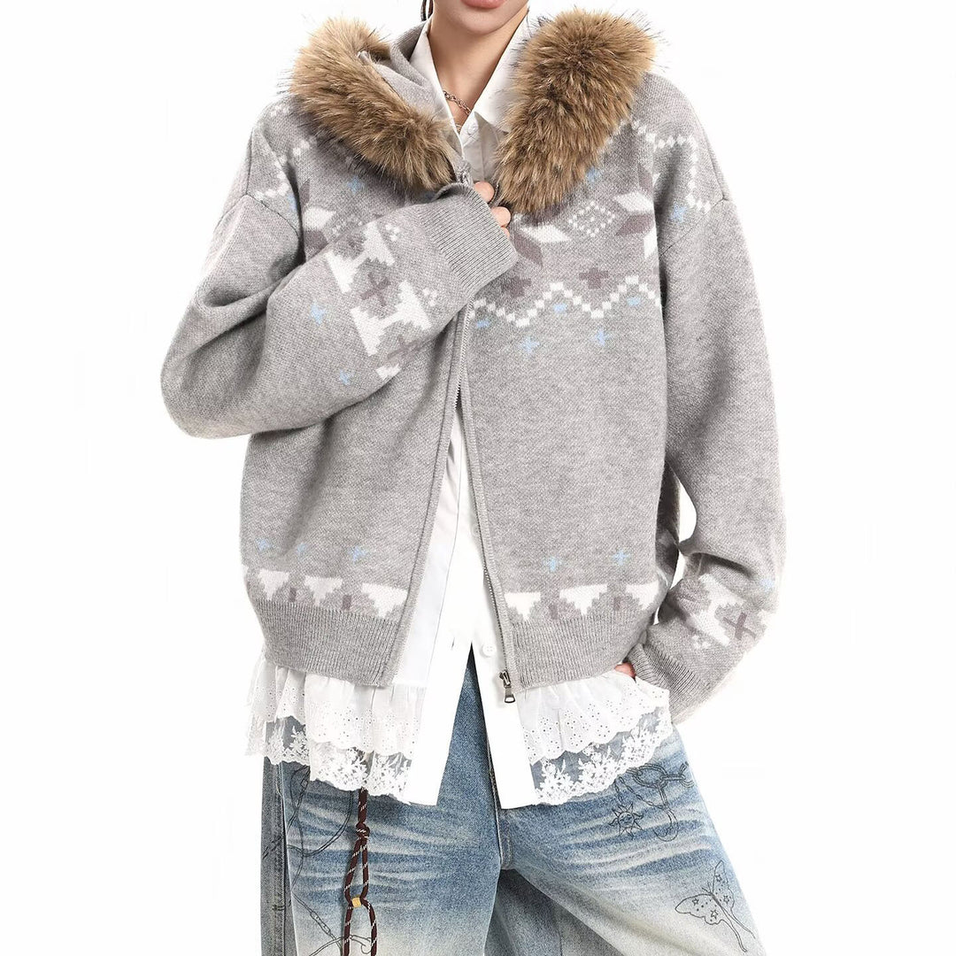 Damen Kapuzensweatjacke mit Kunstfell Kragen und Norweger-Muster Drune