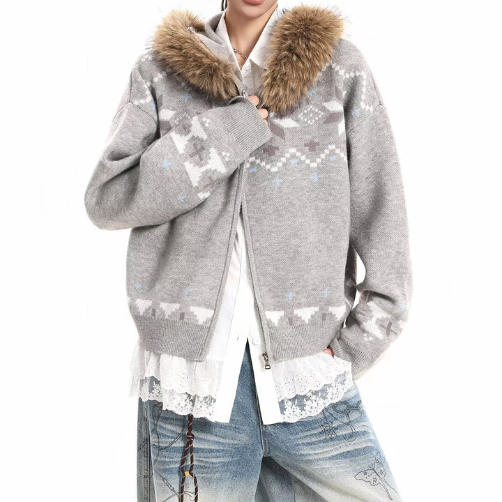 Damen Kapuzensweatjacke mit Kunstfell Kragen und Norweger-Muster Drune