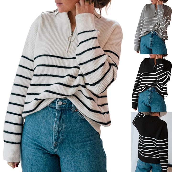 Damen lässiger Pullover mit kurzem Reißverschluss und Streifenmuster Drune