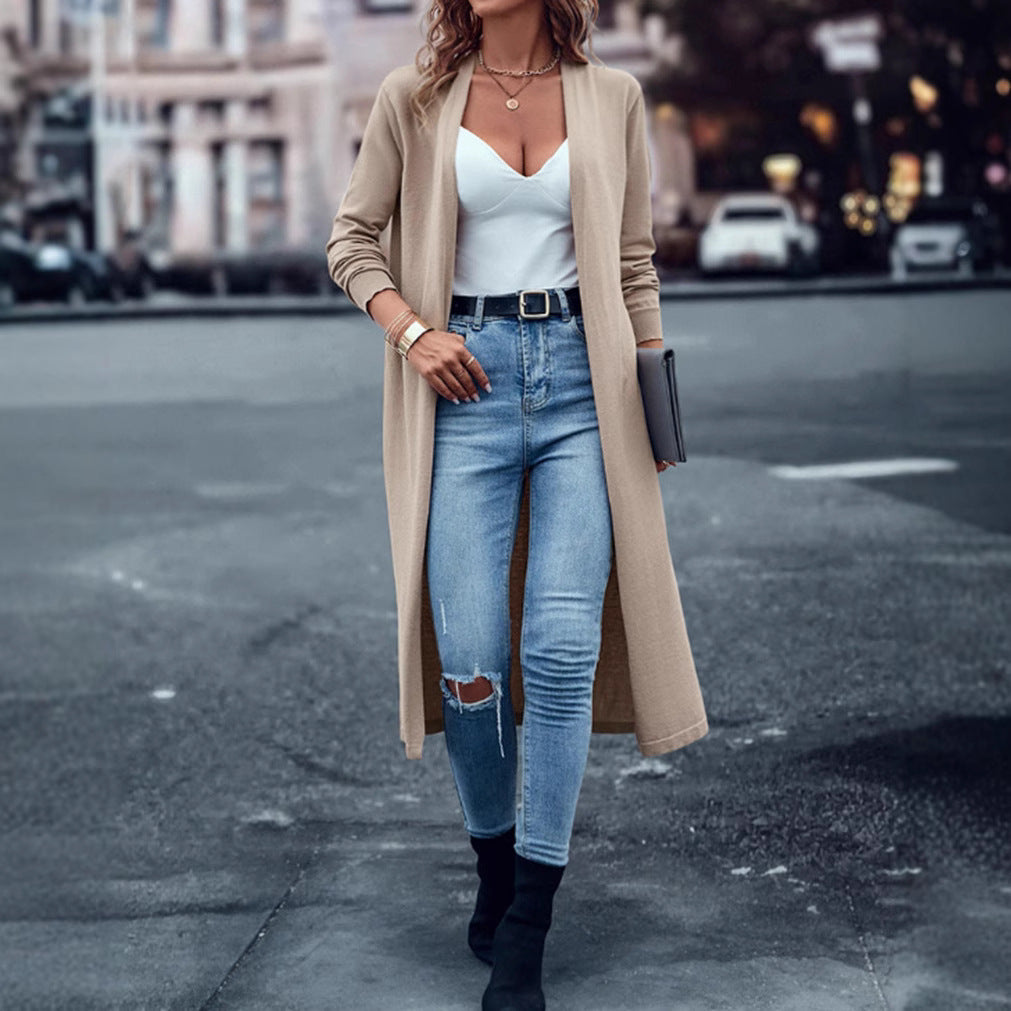 Damen nan langer Feinstrick-Cardigan im Duster-Stil mit offenem Fall und schmaler Ärmelpartie Drune