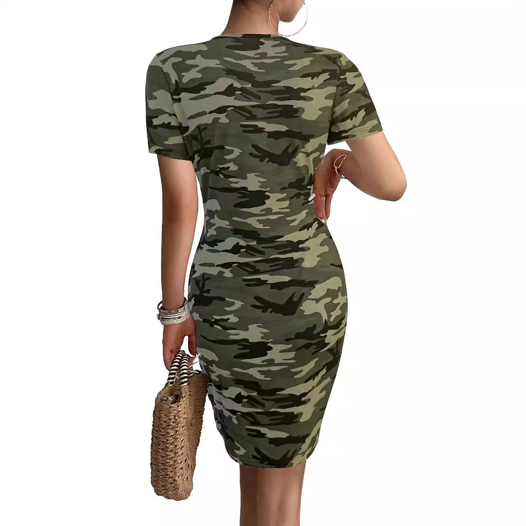 Damen Kurzarm Kleid im angesagten Camouflage-Stil mit figurbetontem Schnitt und V-Ausschnitt Drune