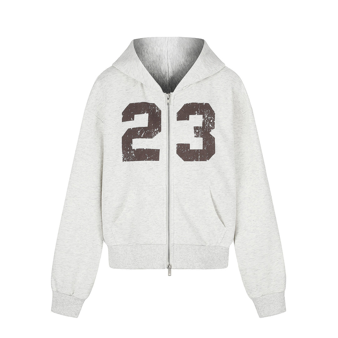Damen Zip‑Hoodie im Boxy‑Schnitt mit Kängurutasche und Nummernprint Drune