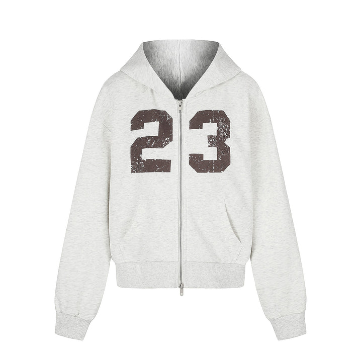 Damen Zip‑Hoodie im Boxy‑Schnitt mit Kängurutasche und Nummernprint Drune