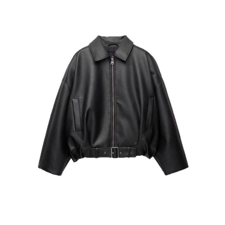 Damen Modische Kunstlederjacke mit Bauchgurt
