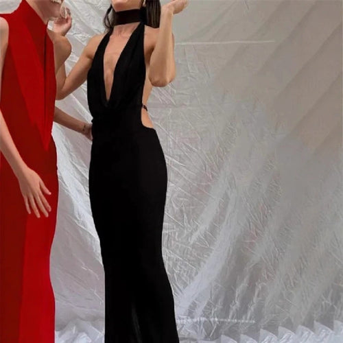 Damen Maxikleid mit elegantem Wasserfallausschnitt und figurbetontem Design Drune