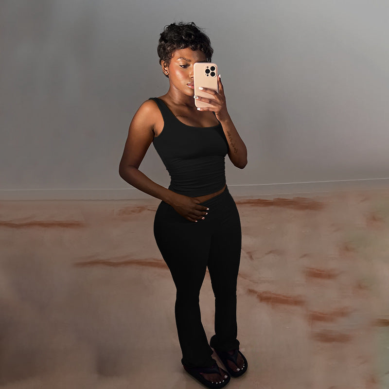 Damen Sportliches Crop-Top und legere Flared Pants Set Drune