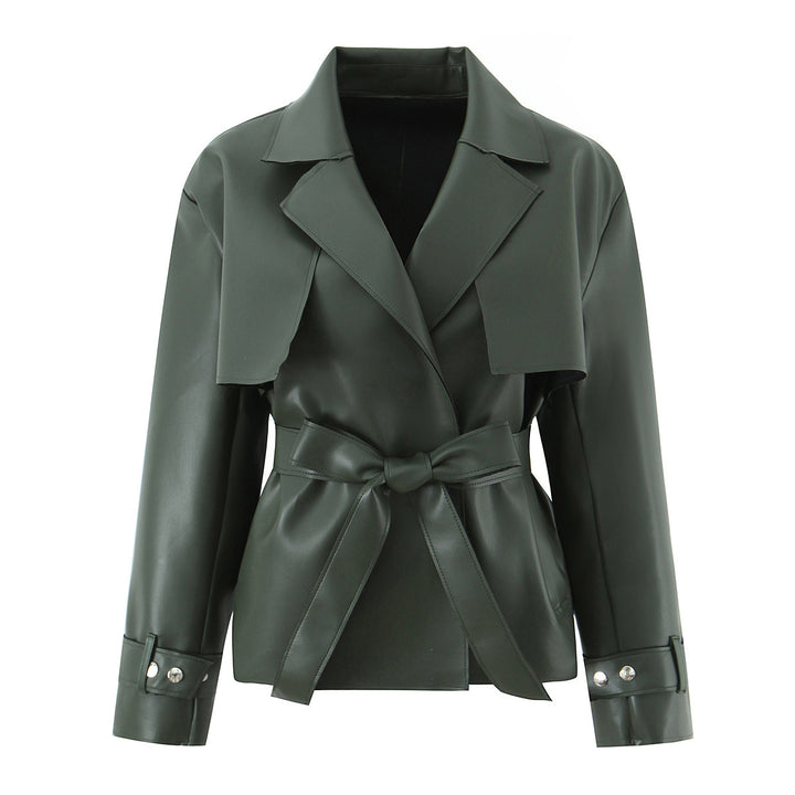 Damen Kurz geschnittener Kunstleder-Trenchcoat mit Taillengürtel Drune