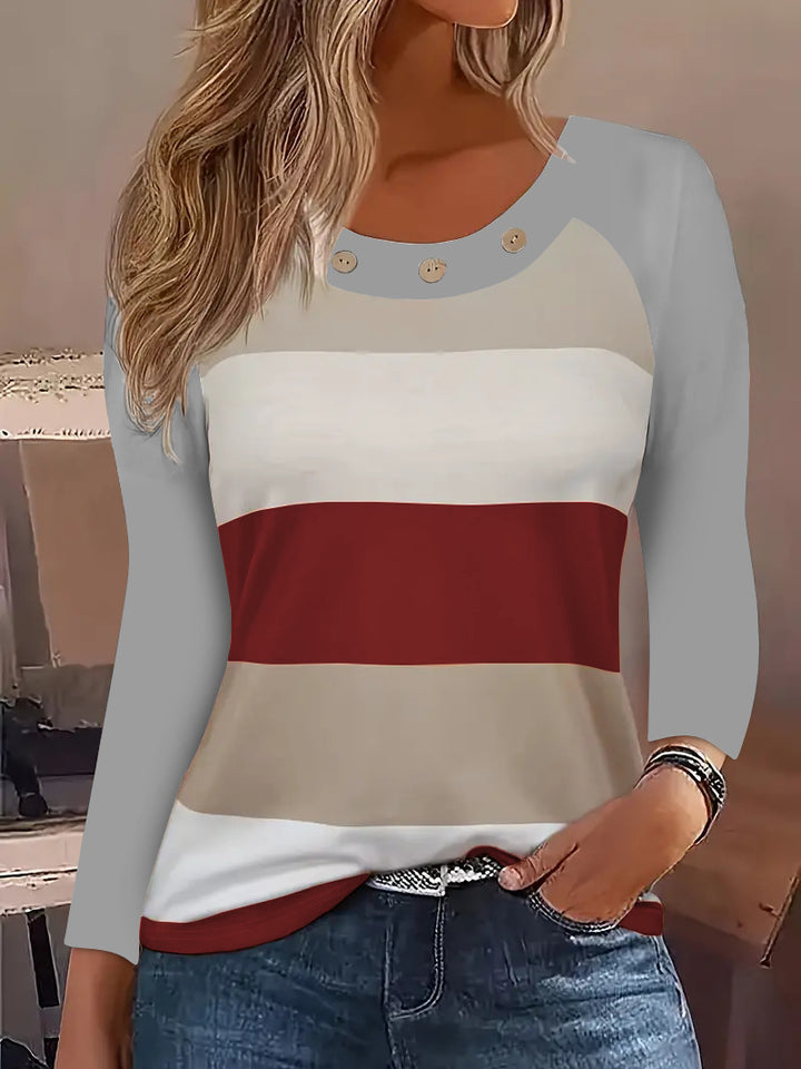 Damen Langarm T-Shirt mit modischem Streifenmuster und dekorativen Knöpfen Drune