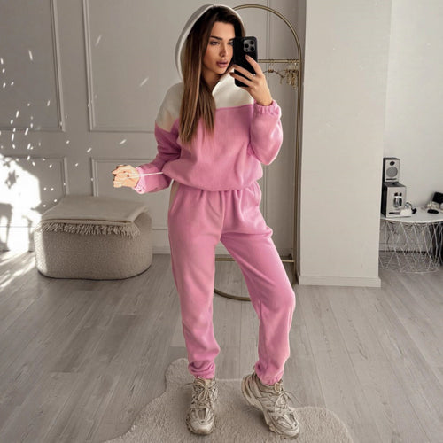 Damen Zweiteiliges Farbblock-Loungewear-Set mit halbem Reißverschluss und schmaler Jogginghose Drune
