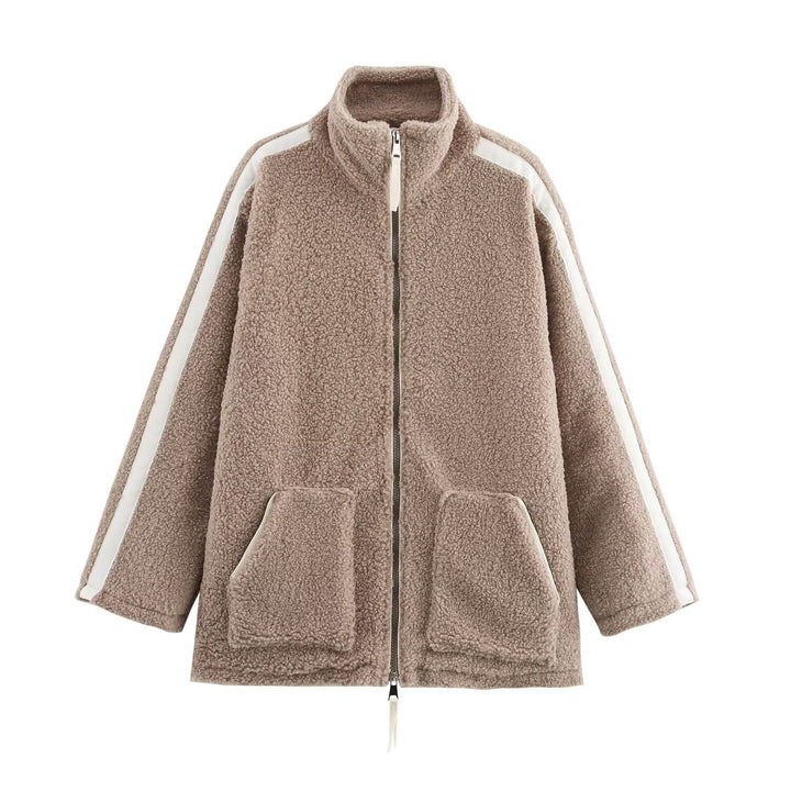 Damen Teddy-Fleece-Jacke mit Stehkragen, Reißverschluss und Kontraststreifen Drune