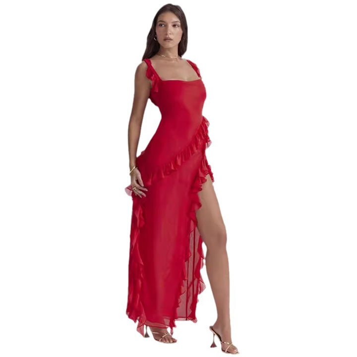 Damen nan langes Abendkleid mit quadratischem Ausschnitt, Schulter-Rüschenträgern und hoher Beinschlitze Drune