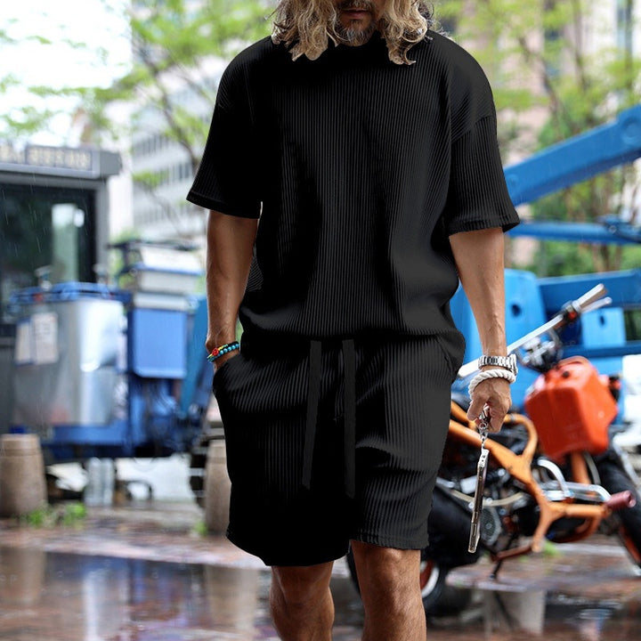 Herren nan lässiges Waffeljersey-Set mit weitem Oberteil und Tunnelzug-Shorts Drune