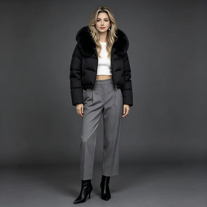 Damen nan kurze gesteppte Cropped-Pufferjacke mit voluminösem Kunstpelzkragen Drune