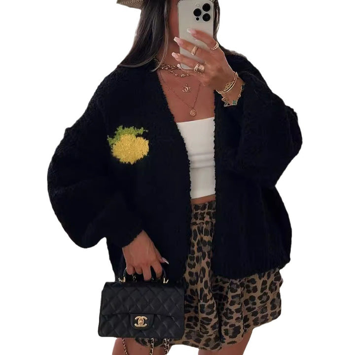 Damen lässige Strickjacke mit fröhlichem Obstdesign und oversized Passform Drune