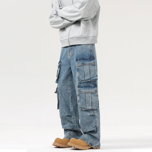 Herren Ultraweite Denim-Cargo-Jeans im Baggy-Cut mit mehrfachen Klappentaschen Drune
